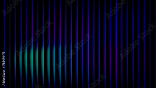 Teal to violet wavy reeded glass stripes on black, ultrawide vertical neon gradient background