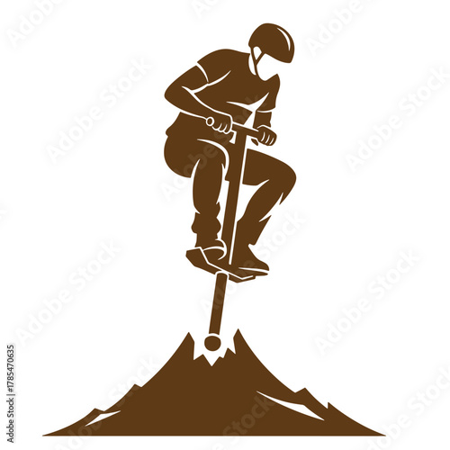 Silhouette of a person bouncing on a pogo stick over a mountain in vintage art style
