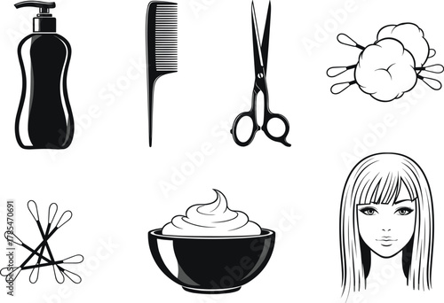 Beauty salon hair care tools and accessories vector illustration with comb, scissors, shampoo bottle, cotton swabs, cream bowl, and woman face.
