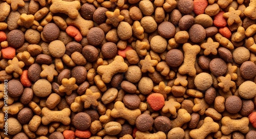 Food for animals background. Dry cat and dog food texture, pattern. Pet meal background close up. Dry food for pet dogs and cats. Dried pet food top view. Granules of good nutrition for dogs and cats