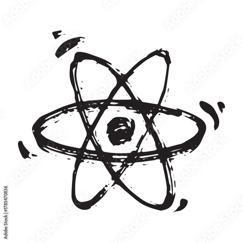Hand drawn atom sign Molecule clipart in doodle style Single element for print, web, design, decor Symbol of science, education, nuclear energy, scientific research, molecular chemistry