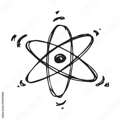 Hand drawn atom sign Molecule clipart in doodle style Single element for print, web, design, decor Symbol of science, education, nuclear energy, scientific research, molecular chemistry