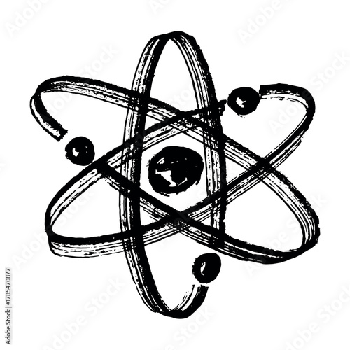 Hand drawn atom sign Molecule clipart in doodle style Single element for print, web, design, decor Symbol of science, education, nuclear energy, scientific research, molecular chemistry