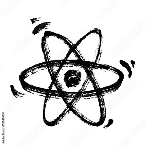 Hand drawn atom sign Molecule clipart in doodle style Single element for print, web, design, decor Symbol of science, education, nuclear energy, scientific research, molecular chemistry