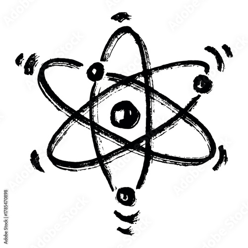 Hand drawn atom sign Molecule clipart in doodle style Single element for print, web, design, decor Symbol of science, education, nuclear energy, scientific research, molecular chemistry