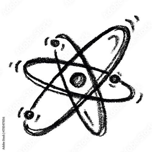Hand drawn atom sign Molecule clipart in doodle style Single element for print, web, design, decor Symbol of science, education, nuclear energy, scientific research, molecular chemistry