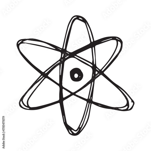 Hand drawn atom sign Molecule clipart in doodle style Single element for print, web, design, decor Symbol of science, education, nuclear energy, scientific research, molecular chemistry