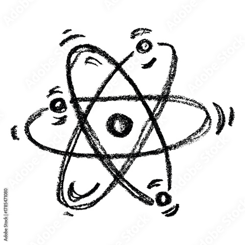 Hand drawn atom sign Molecule clipart in doodle style Single element for print, web, design, decor Symbol of science, education, nuclear energy, scientific research, molecular chemistry