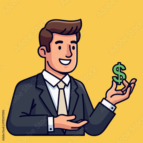 Vector illustration of a cheerful manager or banker in a suit holding a green dollar symbol, representing business success and financial growth