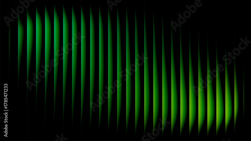 Emerald neon wavy glass stripes on black — vertical tapered columns with deep green gradient, ultrawide abstract banner background