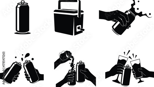Beer can silhouette vector illustration showing hands holding, pouring, and cheering drinks with cooler box for celebration and refreshment concept.