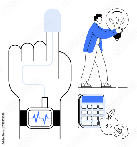 Hand with fitness tracker, person holding light bulb, calculator with fruits. Ideal for technology, healthcare, wellness, innovation, education energy-saving diet management. Simple flat metaphor