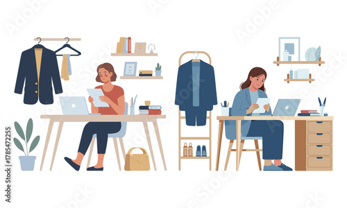 Female entrepreneurs working on online fashion business from their home office.