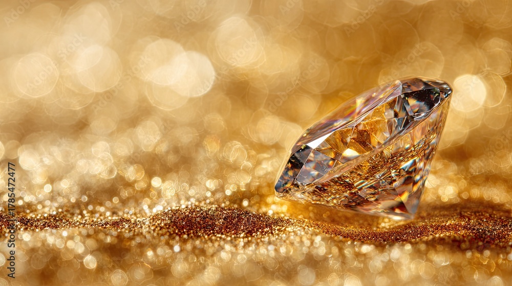 Obraz premium Dazzling Diamond Gem on a Sparkling Golden Surface Capturing Light Reflections and Glittering Bokeh Background