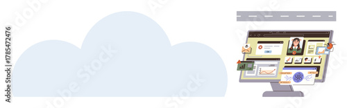 Computer screen displaying collaborative workflow with documents, credentials, and financial graphs. Ideal for teamwork, cloud computing, data visualization, finance, analytics, creativity simple