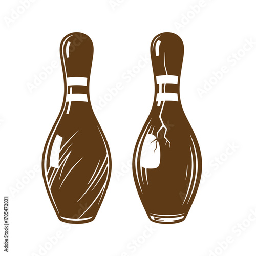 Two vintage art bowling pins with cracked surface isolated on a white background