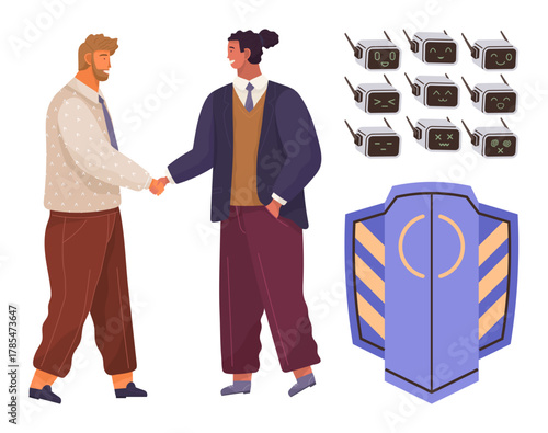 Two professionals shaking hands, nine robotic faces with different expressions, and a protective shield. Ideal for teamwork, collaboration, AI, innovation, cybersecurity, partnership and technology