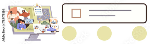 Team working digitally via project tools, task checklists, charts on monitor and workflow progress. Ideal for productivity, planning, collaboration, digital tools, team management, strategy