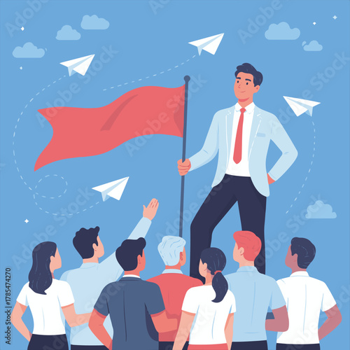 Business Leadership Vector Illustration,Team Leader Leading Group Concept,Flat Design Business Team Leadership,Corporate Motivation and Guidance Vector,Confident Businessman Leading Tea.