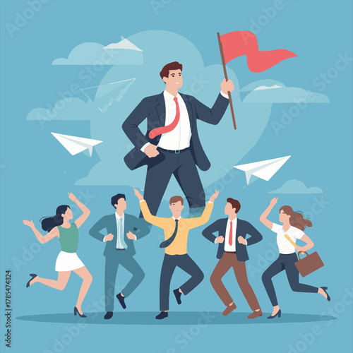 Business Leadership Vector Illustration,Team Leader Leading Group Concept,Flat Design Business Team Leadership,Corporate Motivation and Guidance Vector,Confident Businessman Leading Tea.