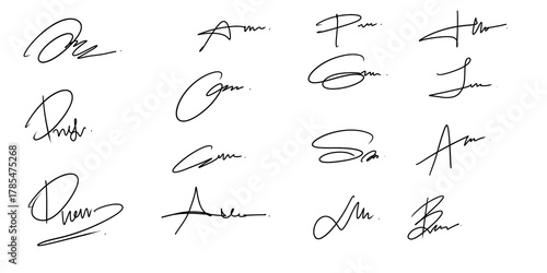 Set of Dummy Autographs. Handwritten Ink Signatures Isolated 1