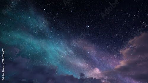 Night Sky with Aurora and Stars Teal Purple Hues