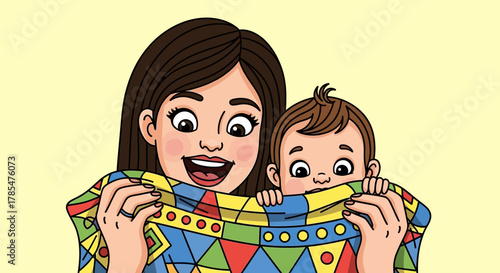 Cartoon illustration of a mother holding a baby behind a colorful patterned blanket smiling happily