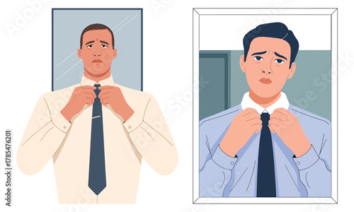 Fatigued businessman adjusting tie in mirror, preparing for a challenging work day