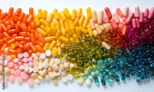 Colorful pills displayed in an abstract arrangement, representing health supplements, medical treatments, and scientific research. The image emphasizes the variety of pharmaceutical, Generative AI