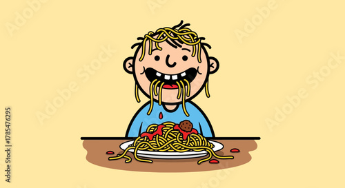 Cartoon boy eating spaghetti with meatballs and sauce messily with spaghetti on his head and face
