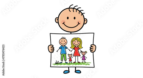 Stick figure holding drawing of stick figure family with mother father and two daughters