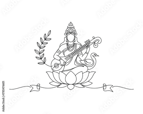 Line art of Saraswati playing veena on lotus Happy Vasant Panchami concept 