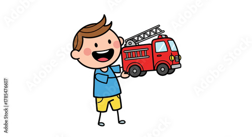 Cartoon boy smiling and holding a red fire truck toy with a ladder on a white background scene