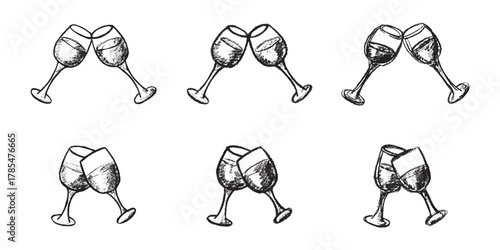 Set of hand drawn wine glasses clinking together Alcohol drink clipart in doodle style Single element for print, web, design, decor Happy New Year