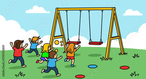 Children running towards a swing set in a cartoon style with a blue sky and white clouds background