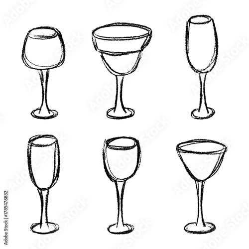 Set of hand drawn wine and champagne glasses Alcohol drink clipart in doodle style Single element for print, web, design, decor Happy New Year