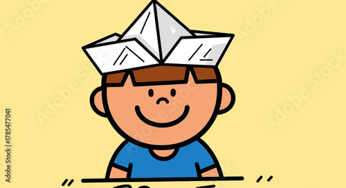 Cartoon drawing of a smiling boy wearing a paper boat hat on a yellow background with black outline