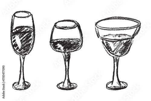 Set of hand drawn wine and champagne glasses Alcohol drink clipart in doodle style Single element for print, web, design, decor Happy New Year