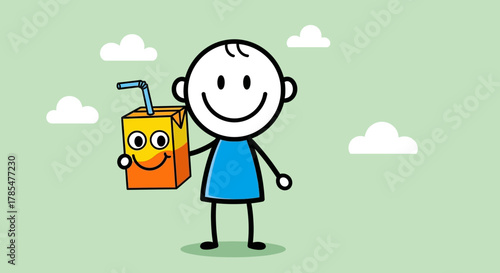 Stick figure holding a juice box with a straw on a light green background with clouds