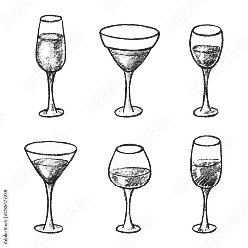 Set of hand drawn wine and champagne glasses Alcohol drink clipart in doodle style Single element for print, web, design, decor Happy New Year