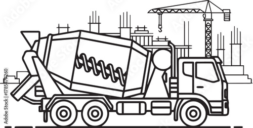 Bold cement truck illustration ready to deliver for your projects, construction concept with crane, buildings, perfect for engineering and architecture