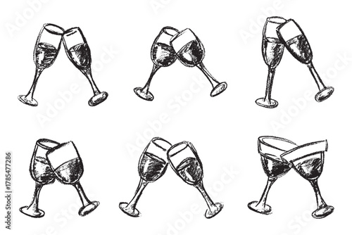 Set of hand drawn wine and champagne glasses Alcohol drink clipart in doodle style Single element for print, web, design, decor Happy New Year