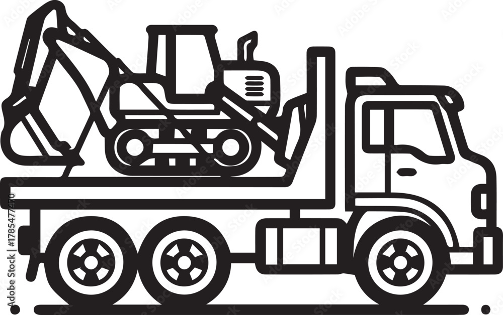 Naklejka premium Modern construction transport illustration: Heavy equipment loaded on truck, vector style for industrial designs and building projects, scalable