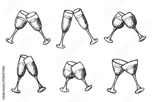 Set of hand drawn wine and champagne glasses Alcohol drink clipart in doodle style Single element for print, web, design, decor Happy New Year