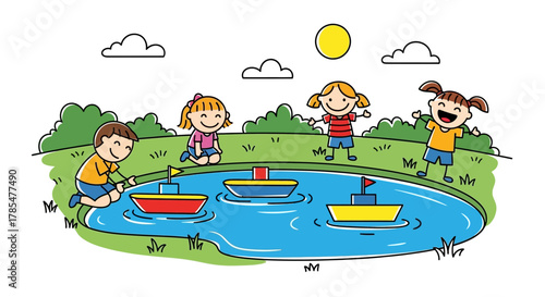 Children playing with toy boats in a pond on a sunny day with clouds and green grass around it
