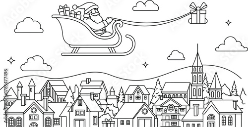 Santa claus sleigh christmas gifts town rooftops clouds stars holiday joy