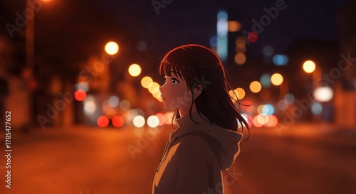 City Lights Reflection: A lone figure pauses on a city street, reflecting on the urban lights that illuminate the night, a moment of introspection and contemplation.