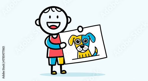 Stick figure boy holding up a drawing of a dog with yellow and blue coloring on a white background