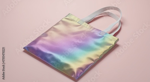 Wallpaper Mural Iridescent Tote Bag: A vibrant, eco-friendly tote bag with an iridescent finish sits against a pastel-toned backdrop, radiating a spectrum of colors.  Torontodigital.ca