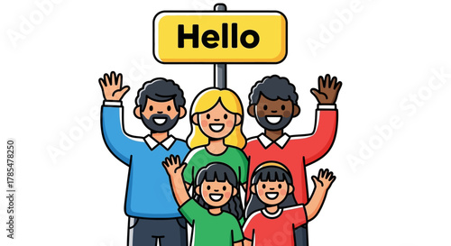 Cartoon family waving under a yellow hello sign with two parents and two children smiling brightly